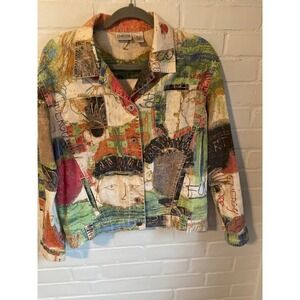 Chicos Linen Cotton Artsy Abstract Face‎ Art Print Button Up Jacket Women Size 1
